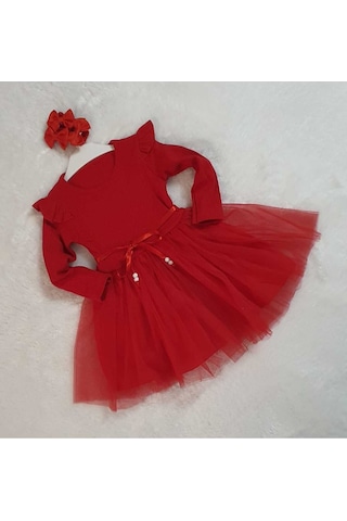 Kız Çocuk Kırmızı Pamuklu Tül Uzun Kol Özel Gün Doğum Günü Abiye Günlük Prenses Elbise Kırmızı