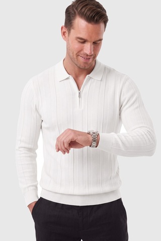 Rizzup Erkek Slim Fit Dokulu Beyaz Triko Kazak Fermuarlı Polo Yaka Likralı Esnek 2708505