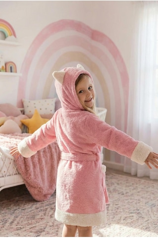 Kız Çocuk Bornozu Kapüşonlu Pamuklu ,polar Figürlü, Pembe 1-14 Yaş