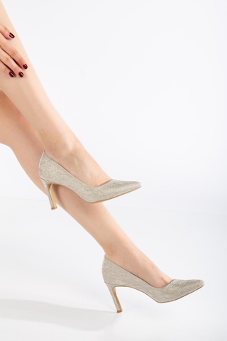 Kadın İnce Topuklu Stiletto Gold Parlak Malzeme Aynalı Jurdan-3774 Gold Parlak