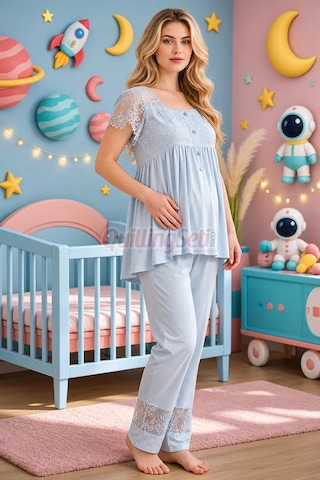 Lady Bebe Mavi Renkli Dantel Detaylı, 33200 Kısa Kol, 2 Parça Lohusa Hamile Pijama Takımı Açık Mavi