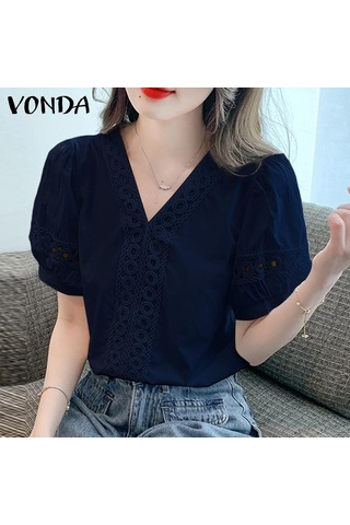 Vonda Kadın Yazlık Rahat V Yaka Puf Kısa Kollu Dantel Eklemeli Düz Renk Bol Bluz Gül