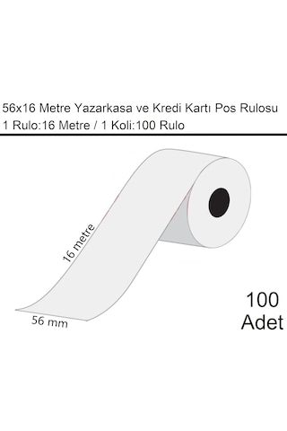 56x16 Metre Termal Kredi Kartı Ve Yazarkasa Pos Rulosu1 Koli:100 Adet Rulo