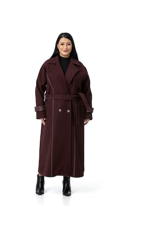 Büyük Beden Deri Biye Detaylı Fleto Cepli Kuşaklı Astarlı Kaşe Uzun Bordo Kaban Bordo