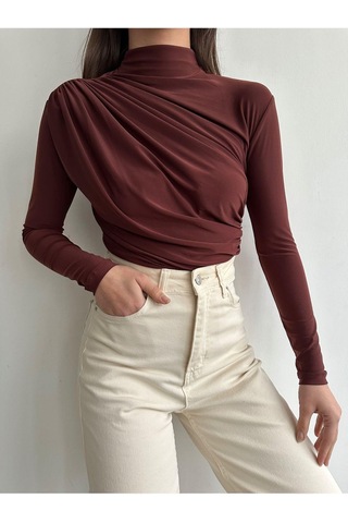 Kadın Büzgü Detaylı Dik Yaka Sandy Bluz Kahverengi