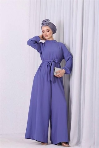 Kadın Lila Mavisi Kuşaklı Gül Detaylı Salaş Tulum Dpnms003 Lila