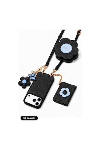 Hera Apple Uyumlu iPhone 18 Pro / 17 Pro Uyumlu Magsafe Cüzdan, Charm, Mini Çanta, Askı, Kılıf 5'li Siyah Set