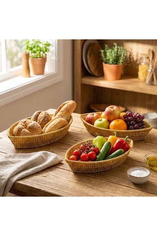 3 Lü Kayık Formlu Plastik Rattan Sepet Seti Hasır Görünümlü Ekmek, Meyve Ve Sunum Sepetleri, Çok Amaçlı M Çok Renkli