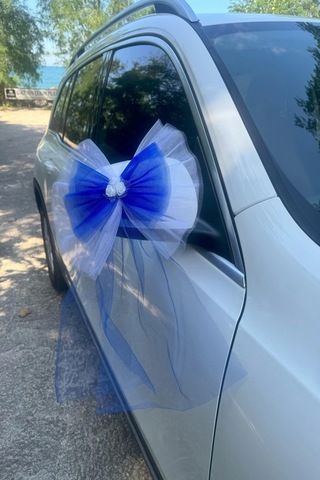 30 Adet Beyaz Mavi Kristal Tül Beyaz Latex Gül Kuyruk Detaylı Düğün Nikah Kına Sünnet Konvoy Süsü Beyaz Siyah