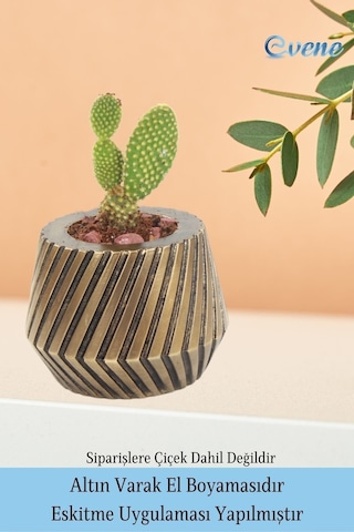 Saksı Çiçek Kaktüs Saksısı Lüx 13 Cm Mekanik Dişli Desen Saksı Çiçeklik - Altın Eskitme