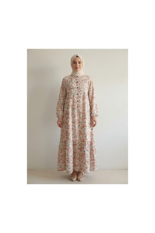 Tenfısı Woman Wear Çiçek Desenli Hakim Yaka Önü Düğmeli Volanlı Uzun Elbise Çok Renkli - 889556865 Çok Renkli