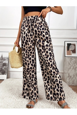 Soonaksesuar Kadın Yüksek Bel Beli Lastikli Bağcıklı Leopar Desenli Süprem Pantolon Çok Renkli