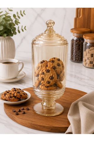 Chacha Home Halkalı Cam Kapaklı Ayaklı Drajellik & Şekerlik 780 Ml - 24 Cm Bal Rengi