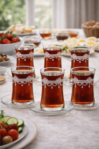 Coronam Model Desenli Şeffaf Cam Çay Seti 12 Parça Çay Takımı Şeffaf