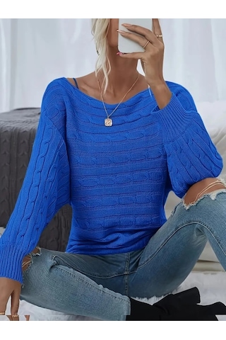 Soonaksesuar Kadın Uzun Kollu Yakası Açık Saç Örgü Desenli Triko Bluz Saks Mavi