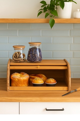 Bambu Rulo Kapaklı Ekmek Kutusu Doğal, Şık Ve Dayanıklı Ekmek Saklama Dolabı 40x27x18 Cm Bambu