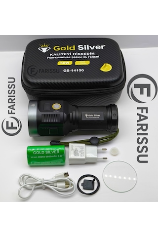 Gold Silver Gs-14100 50w 5000 Lümen Profesyonel Şarjlı El Feneri Siyah