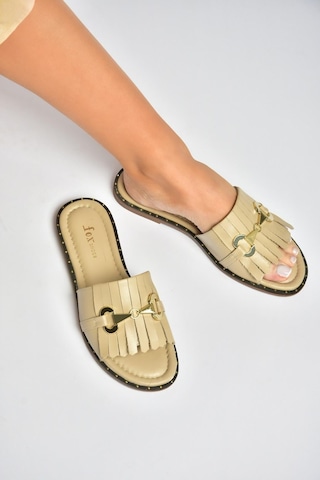 Fox Shoes Y291873003 Bej Hakiki Deri Kadın Terlik