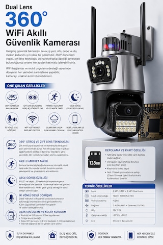 ARM-318 Dual Lens 6MP Çift Kameralı Akıllı WiFi Güvenlik Kamerası 360° Dönebilen Gece Görüşlü Dış Mekan IP Kamera