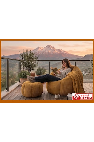 Herev Puf/ Tekli Puf Berjer / Baba Koltuğu / Papatya Modelli Kadife Kumaşlı Puf Takımı Hardal