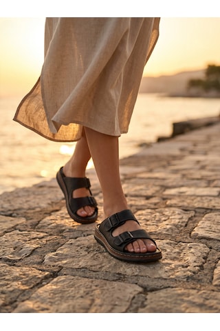 Fame Step Hakiki Deri Unisex Ortopedik Yumuşak Taban Comfort Yazlık Günlük Terlik Çift Terliği Tokalı Siyah