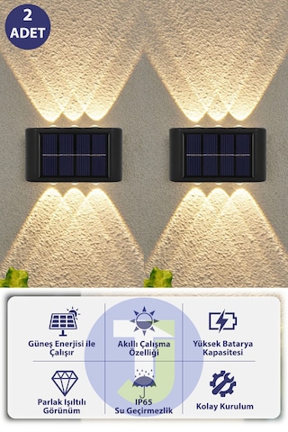 Technojet Modern Solar Güneş Enerjili 6 Ledli Bahçe Aydınlatması Aplik Sarı Işık Led Lamba 2 Adet