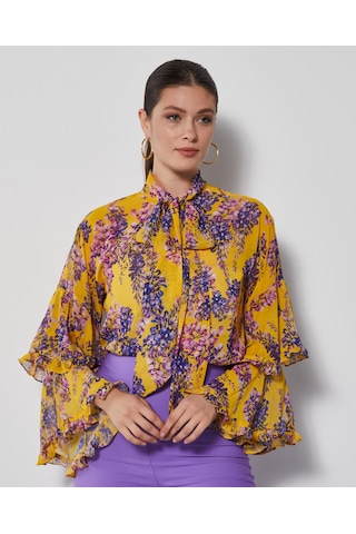 Serpil Exclusive Çiçek Desenli Kadın Gömlek - Fular Yaka - Kat Kat Kol Tasarımlı - Modern Ve Şık - Günlük Ve Özel Davetler İçin Gömlek Sarı