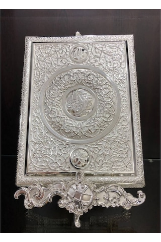 Standlı Gümüş Büyük Boy Kuranı Kerim Kutusu 29x22 Cm Lkm374