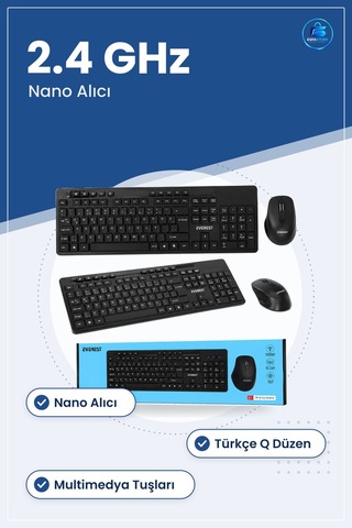 Mouse Klavye Seti Kablosuz Multimedya Siyah Q Düzen 2.4 Ghz Nano Optik