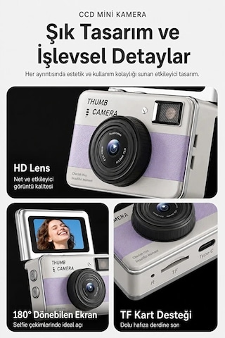 Retro Mini Dijital Kamera 1080p 1.47 İnç Flip Ekranlı Flaşlı Selfie Vlog Kamerası 4gb Sd li Ye