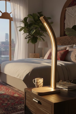 Reflekta Doğal Ahşap Dokunmatik Lambader Kitap Okuma Işığı Komodin Üstü Modern Masa Üstü Led Kahverengi