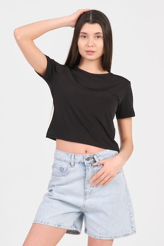 As Collection Siyah Bisiklet Yaka Kısa Kol Sandy Kadın Crop 001