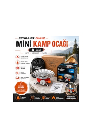 Senbang Camping K-203 Mini Kamp Ocağı Portatif Kartuşlu Gaz Ocağı, Rüzgar Korumalı Taşıma Keseli Piknik Ocağı Kırmızı