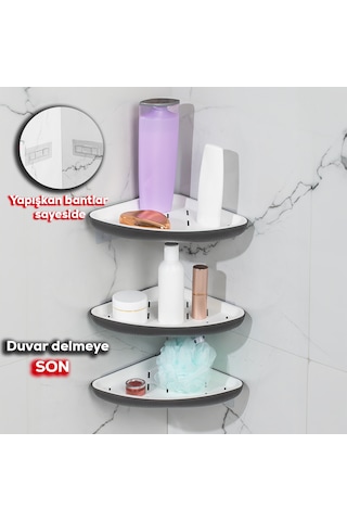 Porsima 0447 3'lü İstiridye Banyo Köşe Rafı Yapışkanlı Raf Antras Antrasit