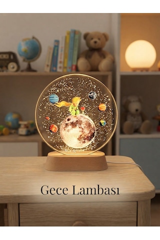 Küçük Prens Ve Gezegenler Temalı 5v Kablolu 3d Akrilik Gece Lambası Ahşap - Şeffaf