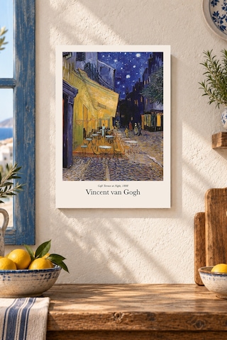 Gece Kafesi Manzarası Desenli Dekoratif Mdf Tablo, Çerçeve Görünümlü Ahşap Poster