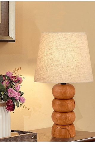 Rika Masif Ahşap Ayaklı Keten Kumaş Başlık Abajur Dekoratif Masa Lambası Keten