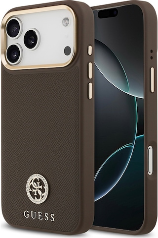Apple Uyumlu iPhone 17 Pro Max Kılıf Guess Lisanslı M-safeli Grained Yazı Ve Taşlı 4g Logolu Kahverengi Kahverengi