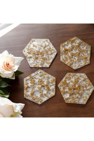 Epoksi Reçine Bardak Altlığı - 4'lü Takım - Altın Varaklı Altın