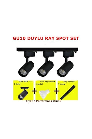 Mini Ray Spot Set Gu-10 Duylu 3 Spot Lamba + 1 Mt Ray + 3 Gu10 Led Ampul 6500k Beyaz Işık Siyah Kasa-beyaz Işık Çok Renkli