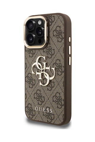 Apple iPhone 15 Pro Max Uyumlu Kılıf Guess Lisanslı Metal 4g Ve Yazı Logolu Kamera Standlı Kapak Kahve