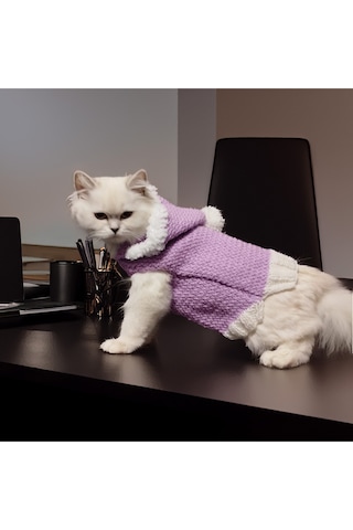 Kedi Ve Köpek İçin Kürklü Kapüşonlu Eflatun Kazak