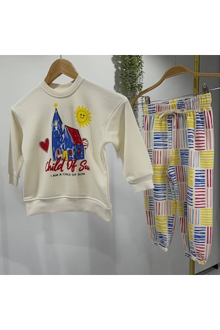 Child Of Sun Baskılı Sweatshirt Ve Lastikli Paça Çizgili Tasarım Eşofman Erkek&kız Çocuk Alt Üst Tak Kırmızı