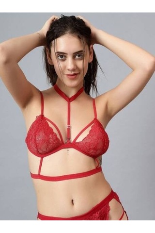 Ang Butik Kadın Kırmızı Dantelli Bant Detaylı Sütyen Ve Jartiyerli Külot Takımı