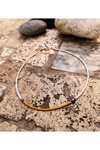 GOLD KAPLAMA HEMATİT TAŞI SARI BONCUK KOLYE-KOL124 Krem