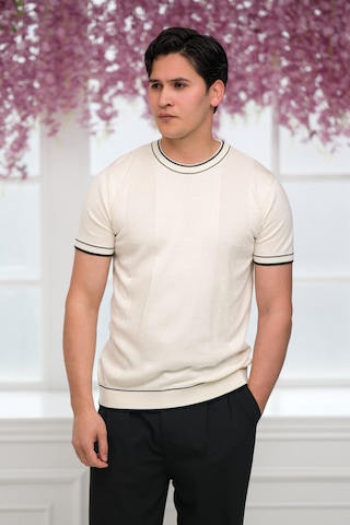 Advante Slimfit Kolları Lastikli Likralı Desenli Bisiklet Yaka Triko T-shirt Kemik