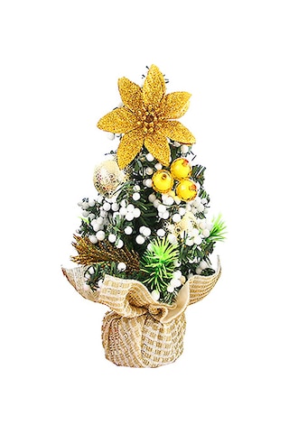 Kosona 20cm Minik Noel Ağacı - Masaüstü Dekorasyonu, Altın Ve Beyaz Tanecikli, Ev Dekoru, Noel Unsurları