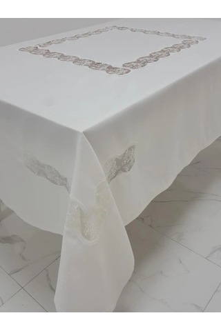 Bahar Lüx Dantelli Krep Kumaş Krem Masa Örtüsü 170x330 Cm - 1001 Çok Renkli