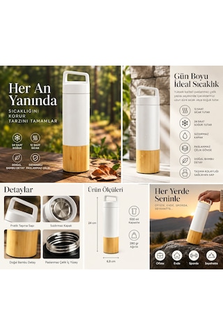 Beyaz & Bambu Detaylı Termos 600 Ml
