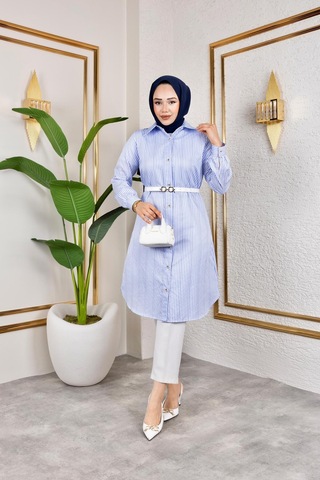 Harman Butik Kemerli Çizgili Keten Gömlek Mavi Mavi